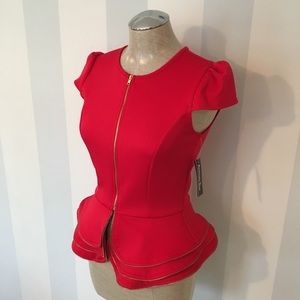 NWT Red Peplum Top with Gold Zipper Details